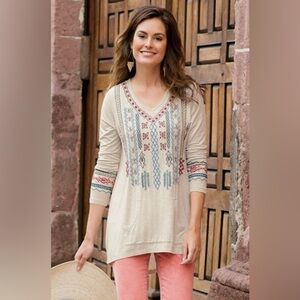 Soft Surroundings Embroidered Sarabelle Boho Long Sleeve VNeck Tunic Top Size S‎
